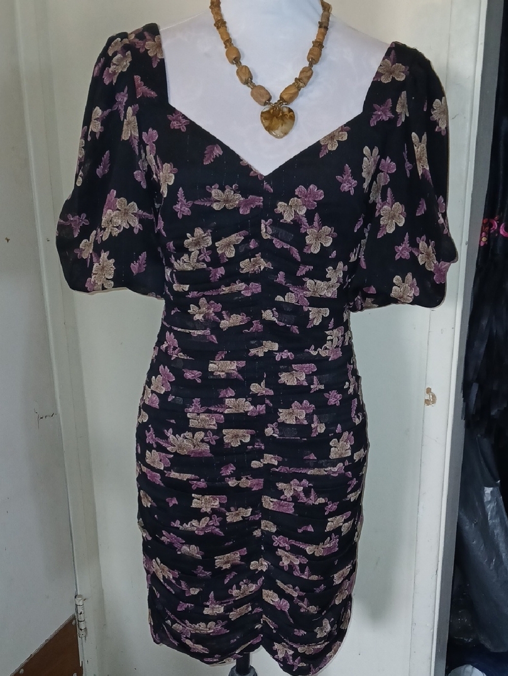 Black Floral Ruched Midi Dress with Puff Sleeves And Gold Pinstripping